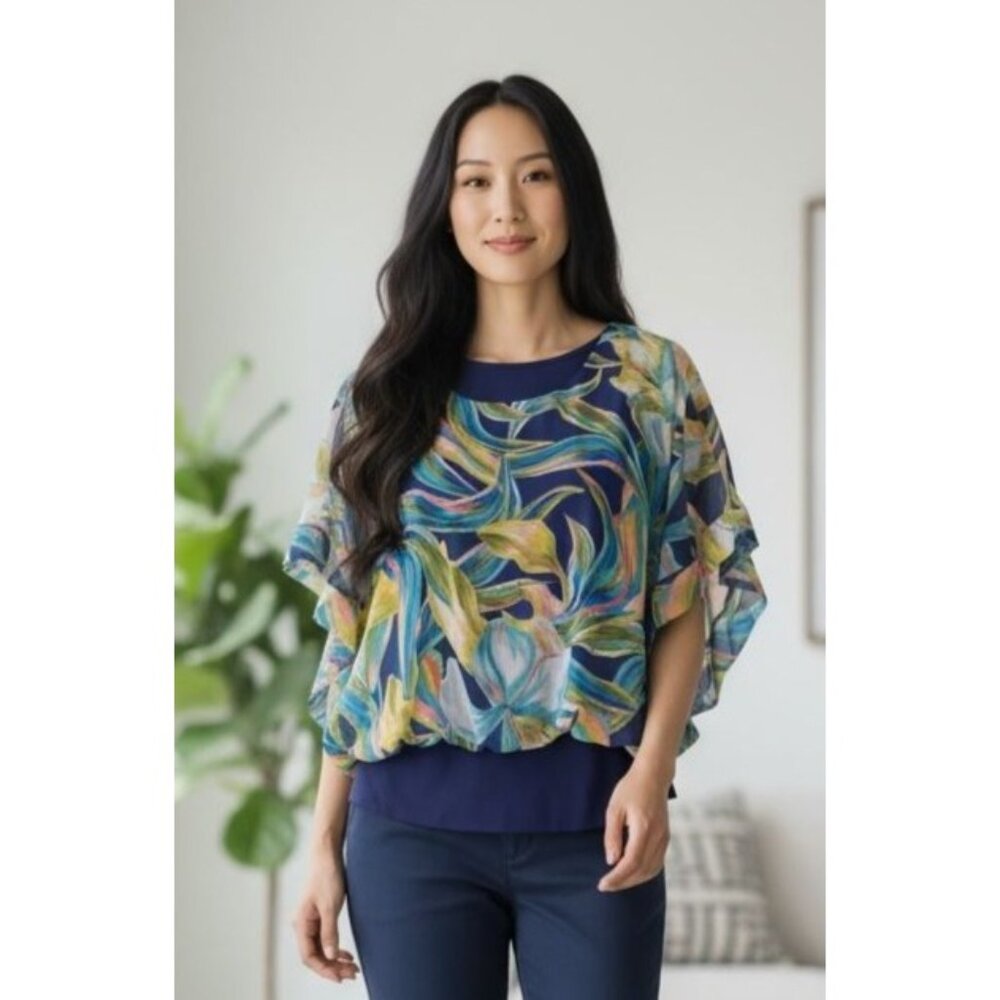 Miraclesuit Womens M Sheer Over Layered Top Blue Short-Sleeve Floral Print